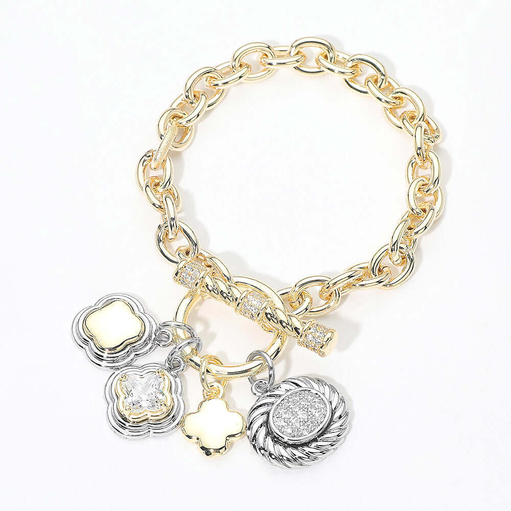 14K Gold Plated Two Tone CZ Quatrefoil Oval Multi Charm Toggle Bracelet M H W ACCESSORIES LLC 14K Gold Plated Two Tone CZ Quatrefoil Oval Multi Charm Toggle Bracelet