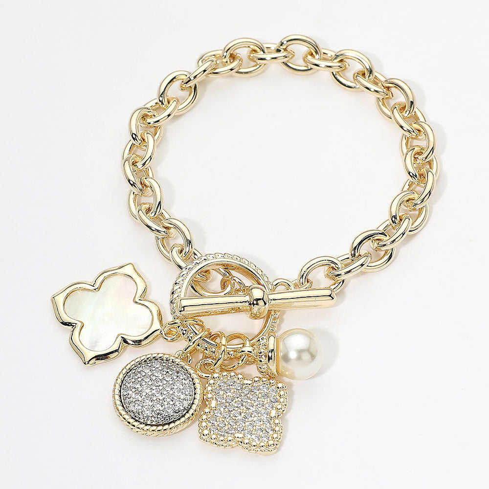 14K Gold Plated CZ Pave Quatrefoil Pearl Floral Charm Toggle Bracelet