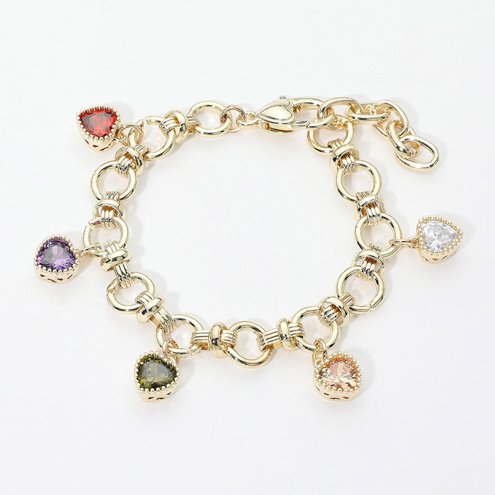 14K Gold Plated Multi-Color CZ Heart Textured Ring Link Toggle Bracelet M H W ACCESSORIES LLC 14K Gold Plated Multi-Color CZ Heart Textured Ring Link Toggle Bracelet