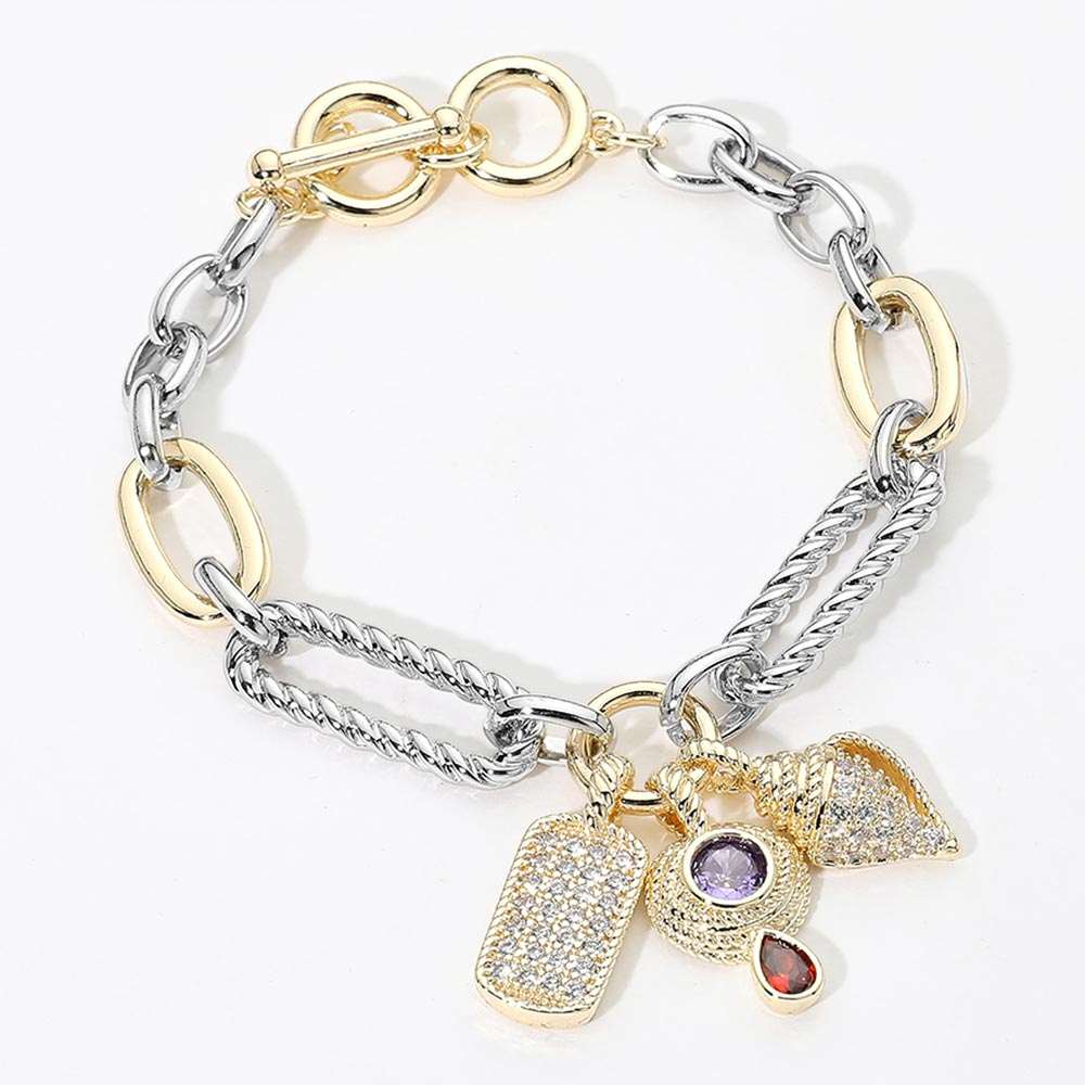 14K Gold Plated Two Tone CZ Dog Tag Conch Shell Charm Bracelet M H W ACCESSORIES LLC 14K Gold Plated Two Tone CZ Dog Tag Conch Shell Charm Bracelet