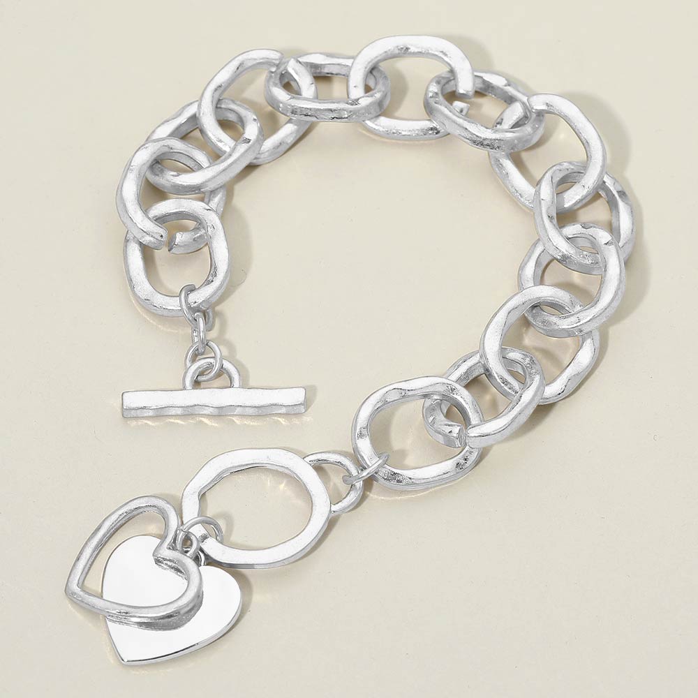 Hammered Layered Silver Heart Charm Chunky Chain Toggle Bracelet