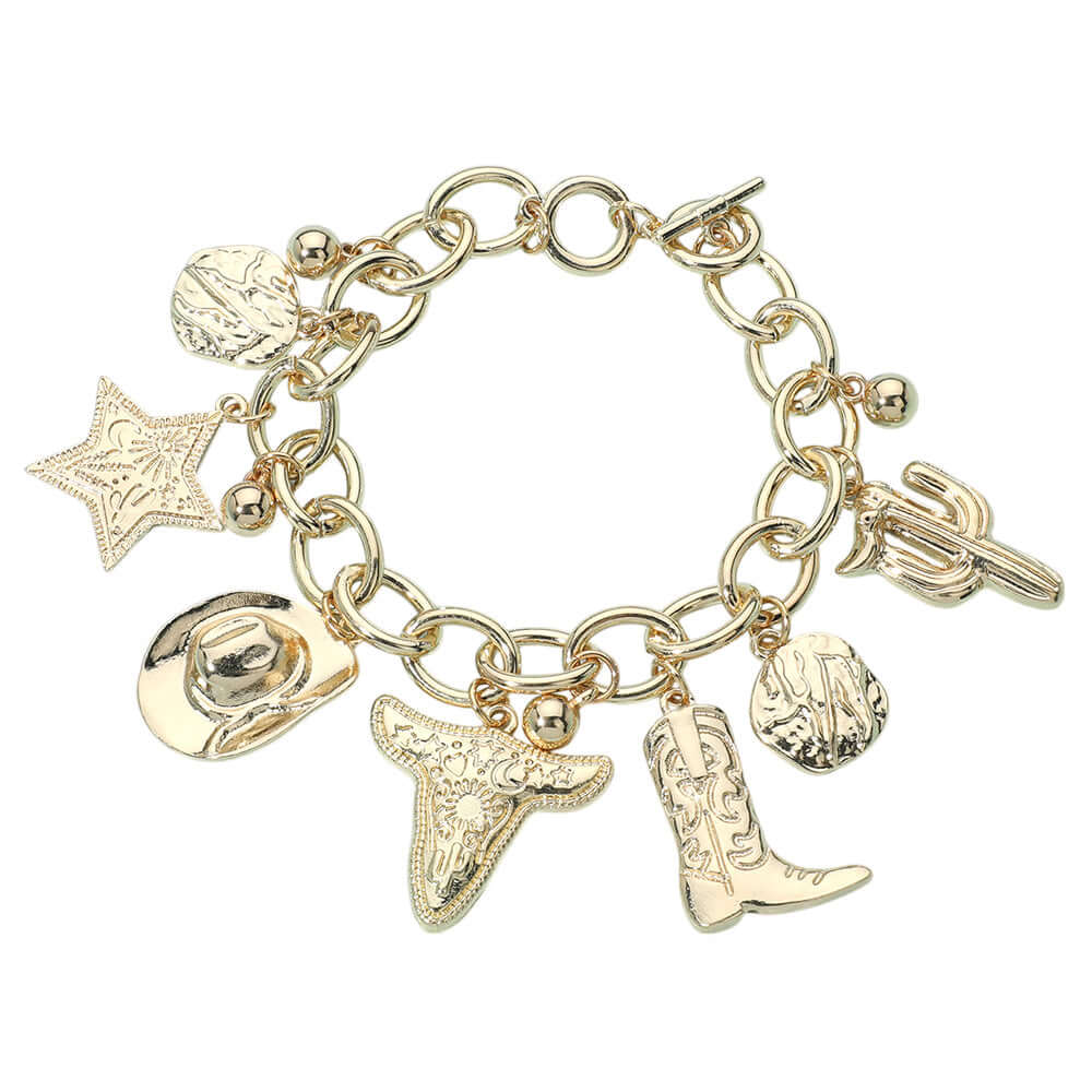 Metal Western Cowboy Boot Hat Steer Head Star Cactus Charm Station Toggle Bracelet