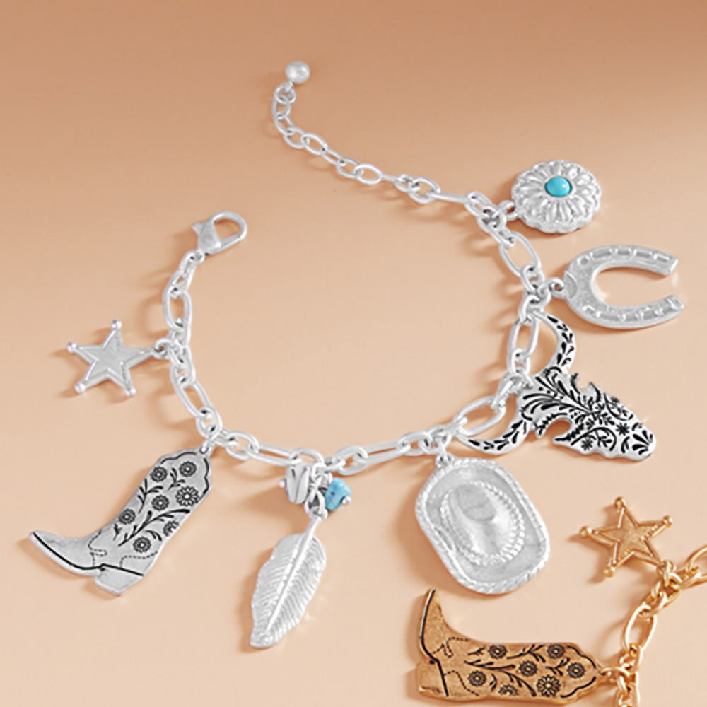 Western Cowboy Boot Hat Steer Head Horseshoe Star Charm Station Bracelet