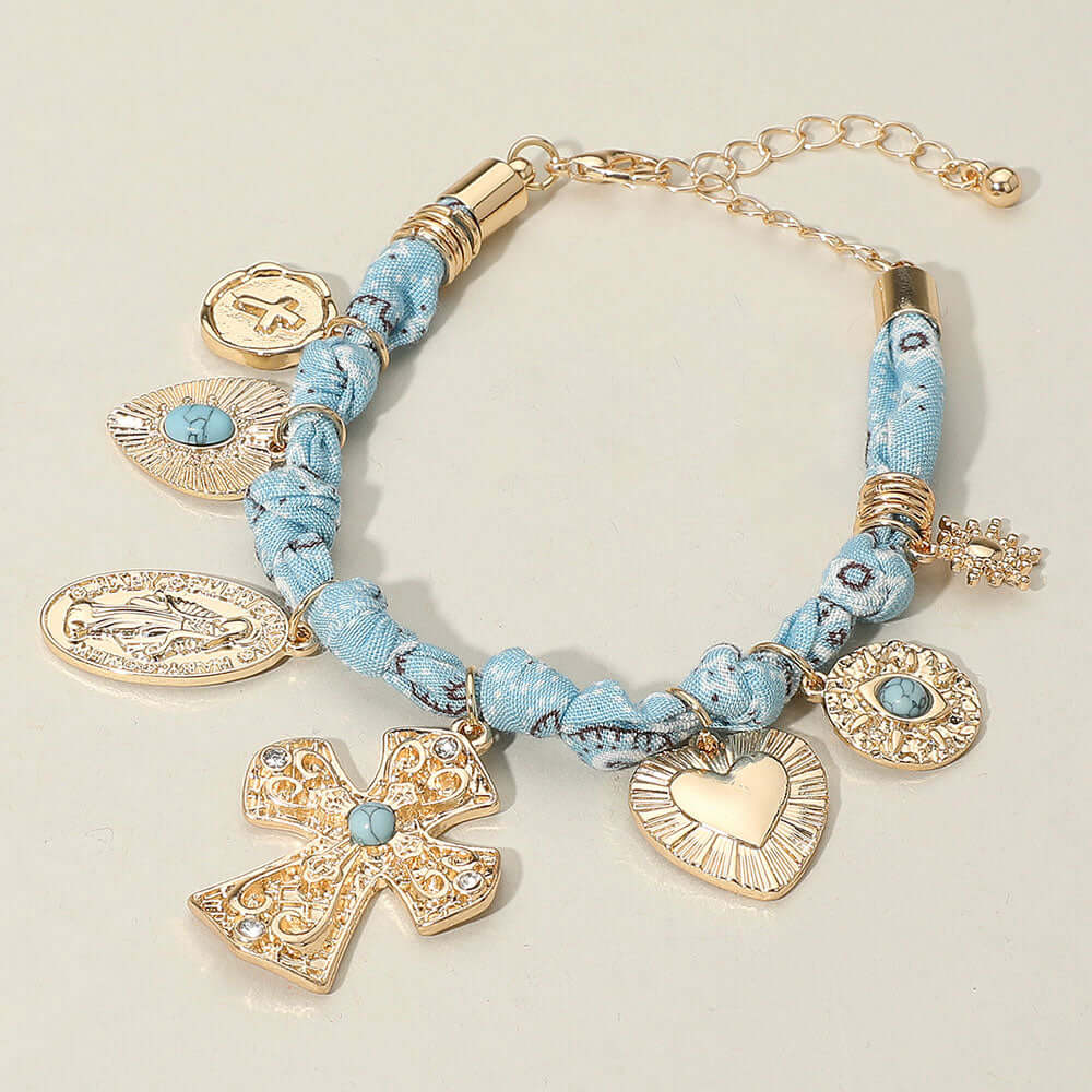 Chunky Religious Cross Heart Charm Station Blue Fabric Chain Bracelet