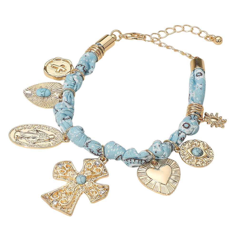 Chunky Religious Cross Heart Charm Station Blue Fabric Chain Bracelet