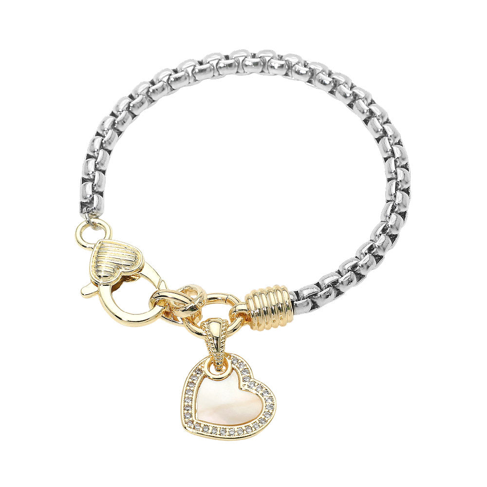 14K Gold Plated Two Tone CZ Stone Paved Mother of Pearl Heart Pendant Bracelet M H W ACCESSORIES LLC 14K Gold Plated Two Tone CZ Stone Paved Mother of Pearl Heart Pendant Bracelet