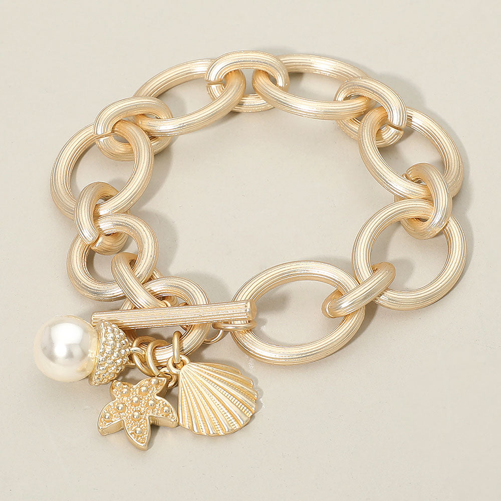 14K Gold Plated Pearl Starfish Shell Charm Chunky Chain Toggle Bracelet M H W ACCESSORIES LLC 14K Gold Plated Pearl Starfish Shell Charm Chunky Chain Toggle Bracelet