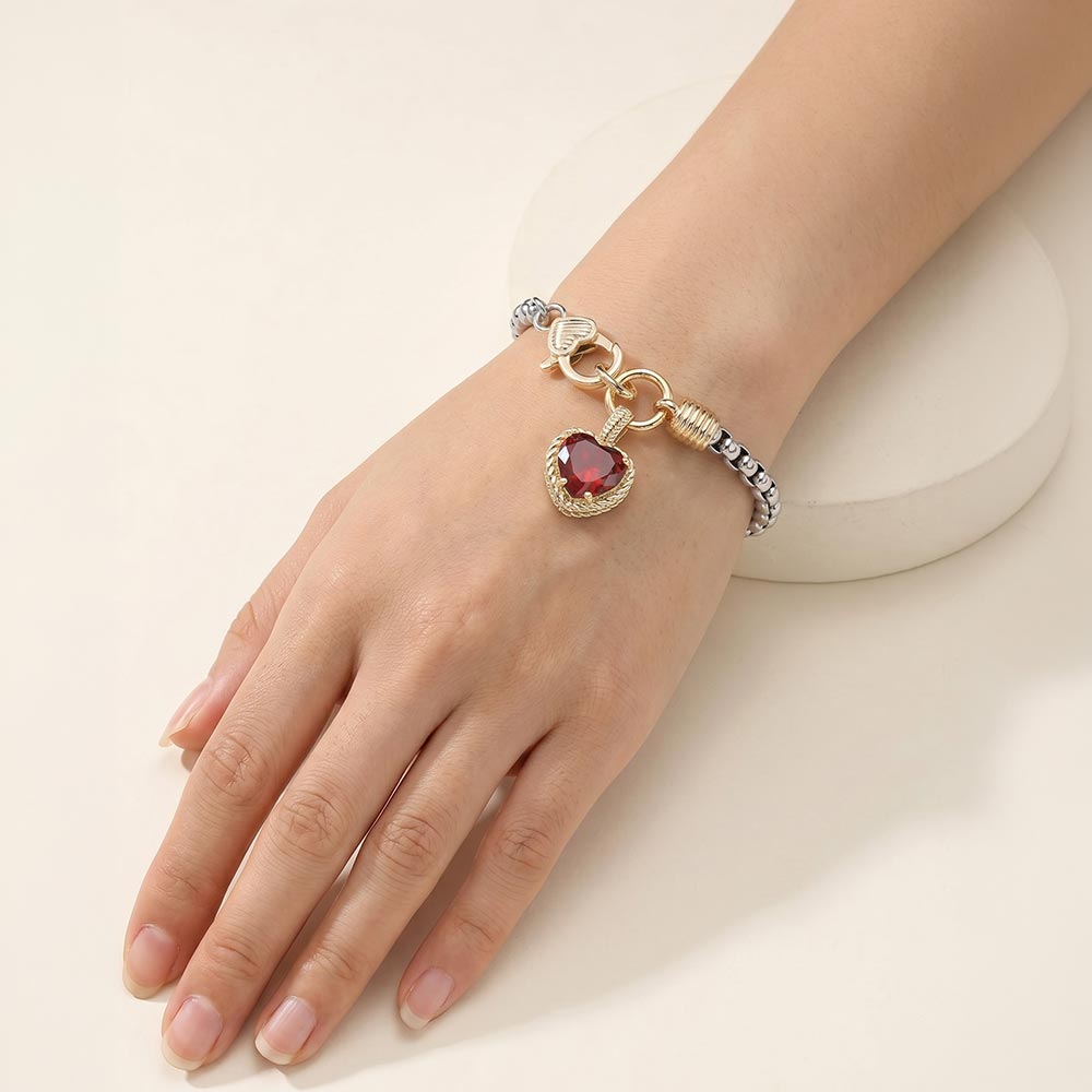 Two Tone Burgundy CZ Heart Charm Bracelet M H W ACCESSORIES LLC Two Tone Burgundy CZ Heart Charm Bracelet