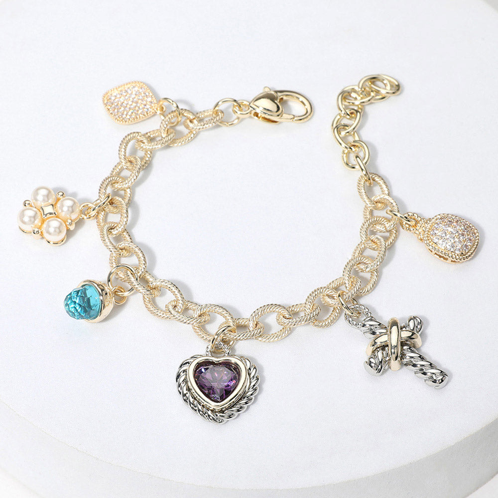 14K Gold Plated CZ Heart Stone Pearl Cluster Metal Cross Charm Station Bracelet M H W ACCESSORIES LLC 14K Gold Plated CZ Heart Stone Pearl Cluster Metal Cross Charm Station Bracelet