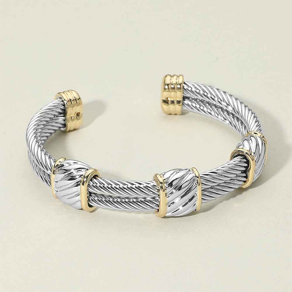 Two Tone Textured Accent Double Twisted Cable Cuff Bracelet