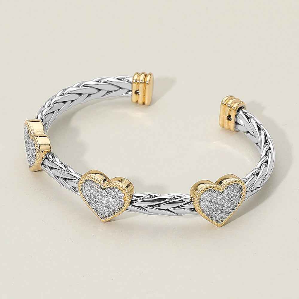 Two Tone CZ Stone Pave Triple Heart Accent Braided Cuff Bracelet