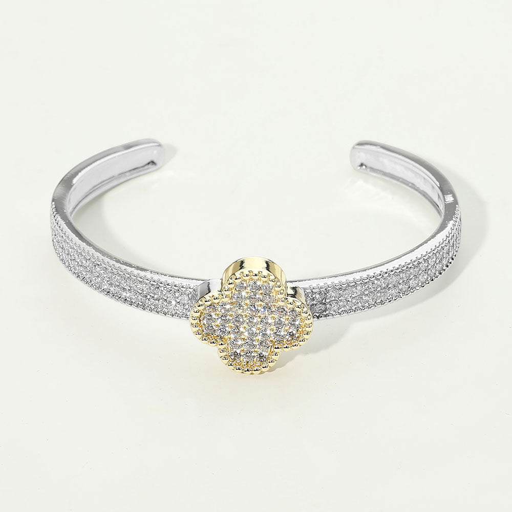 14K Gold Plated CZ Stone Pave Quatrefoil Accent Cuff Bracelet M H W ACCESSORIES LLC 14K Gold Plated CZ Stone Pave Quatrefoil Accent Cuff Bracelet