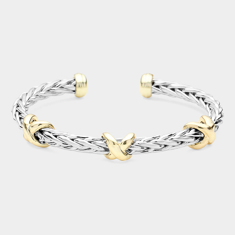 Two Tone Woven Triple Criss Cross Pointed Woven Cuff Bracelet M H W ACCESSORIES LLC Two Tone Woven Triple Criss Cross Pointed Woven Cuff Bracelet
