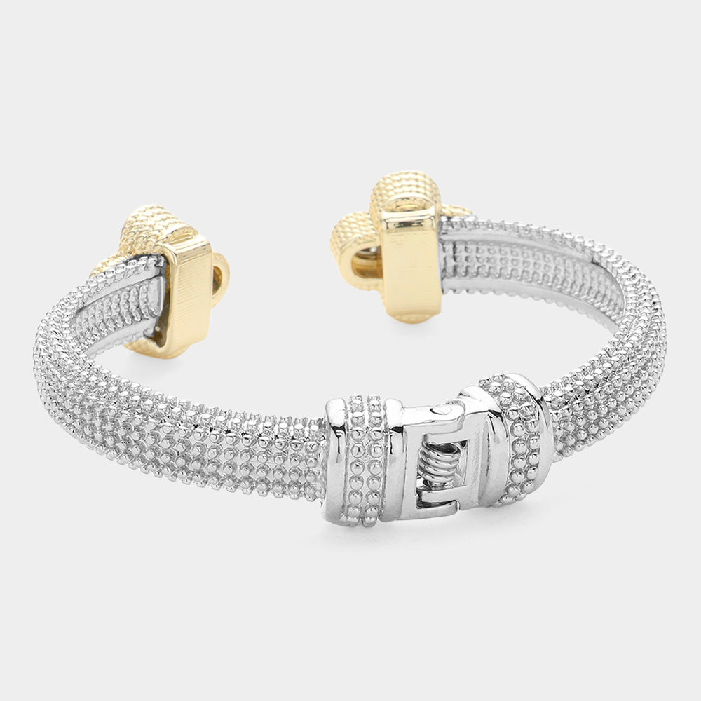 14K Gold Plated CZ Stone Paved Quatrefoil Tip Two Tone Hinged Cuff Bracelet M H W ACCESSORIES LLC 14K Gold Plated CZ Stone Paved Quatrefoil Tip Two Tone Hinged Cuff Bracelet