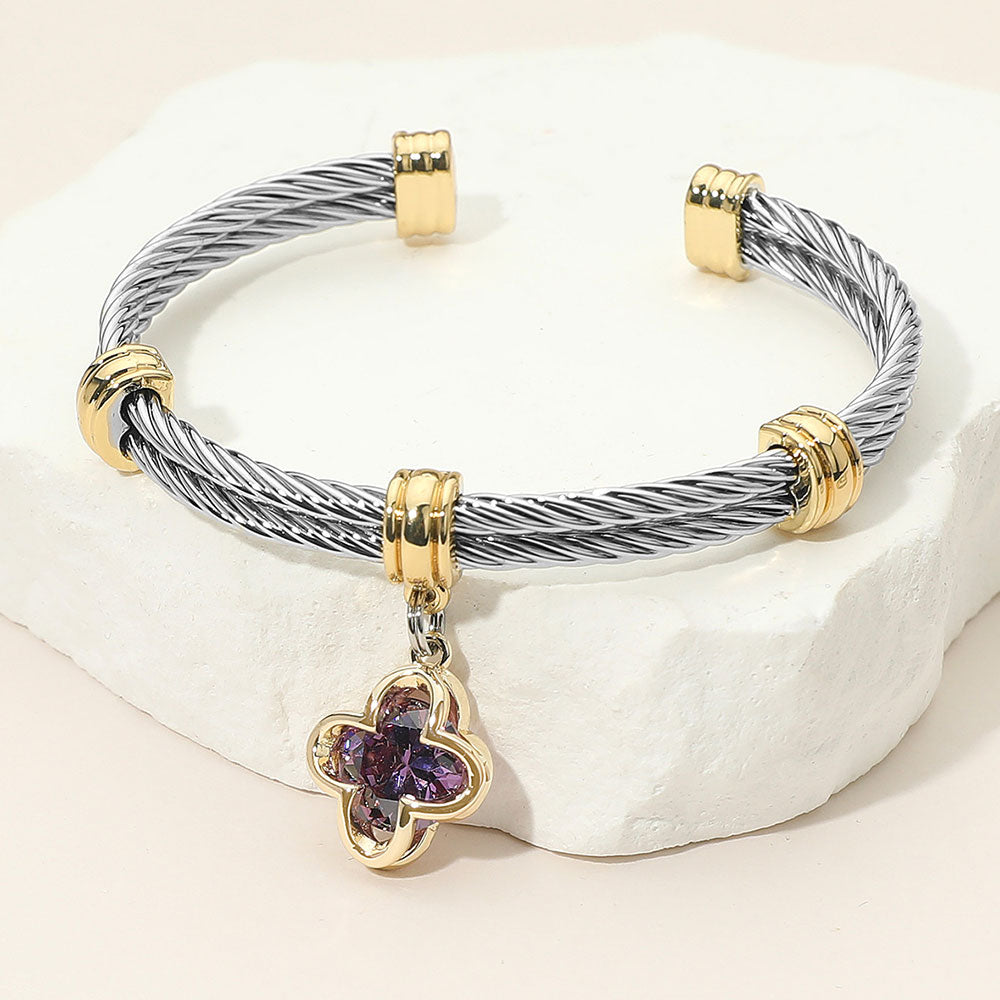 Two Tone CZ Stone Quatrefoil Purple Charm Dangle Cuff Bracelet - M H W ACCESSORIES LLC