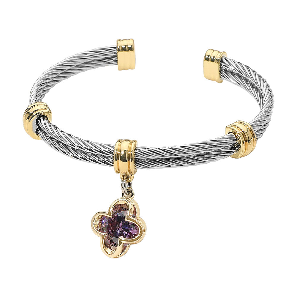 Two Tone CZ Stone Quatrefoil Purple Charm Dangle Cuff Bracelet - M H W ACCESSORIES LLC