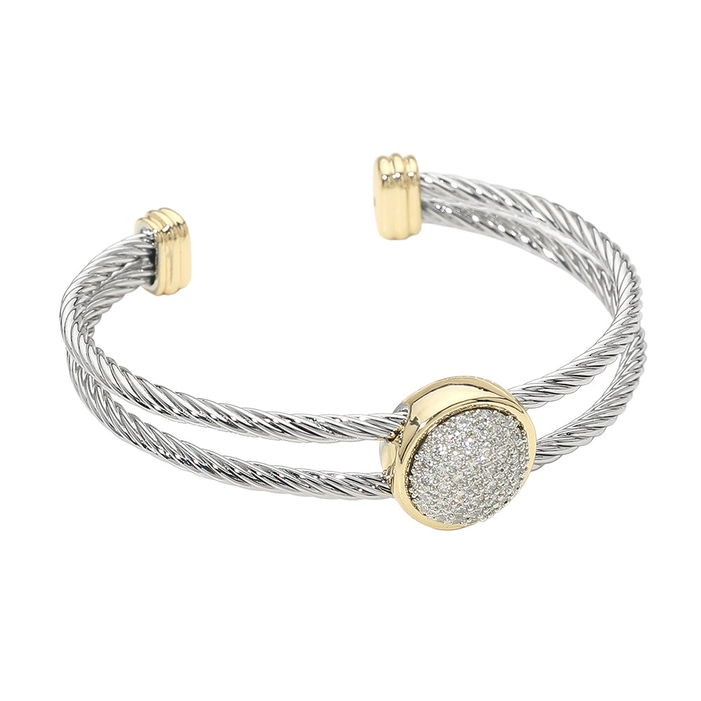 14K Gold Plated Two Tone CZ Pave Round Accent Split Cuff Bracelet