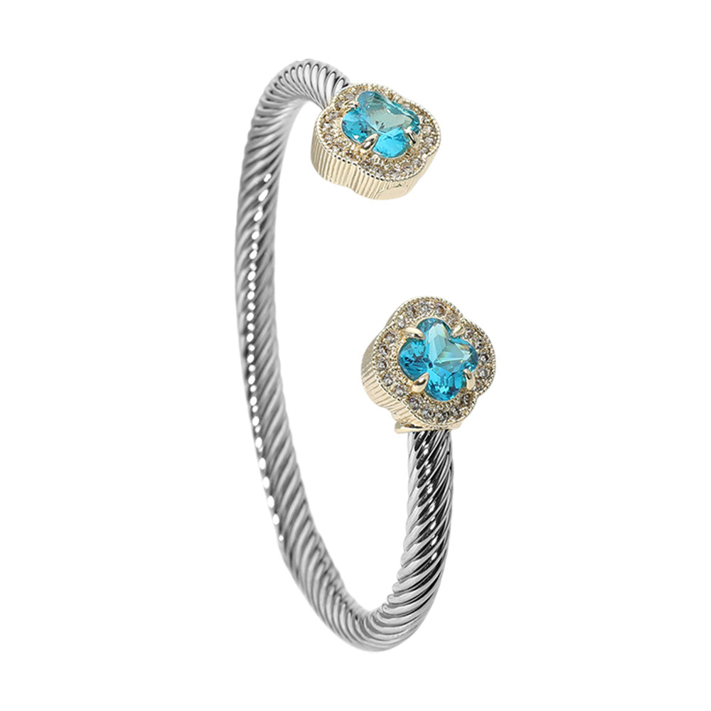 14K Gold Plated Blue Quatrefoil CZ Stone Tip Twisted Cuff Bracelet M H W ACCESSORIES LLC 14K Gold Plated Blue Quatrefoil CZ Stone Tip Twisted Cuff Bracelet