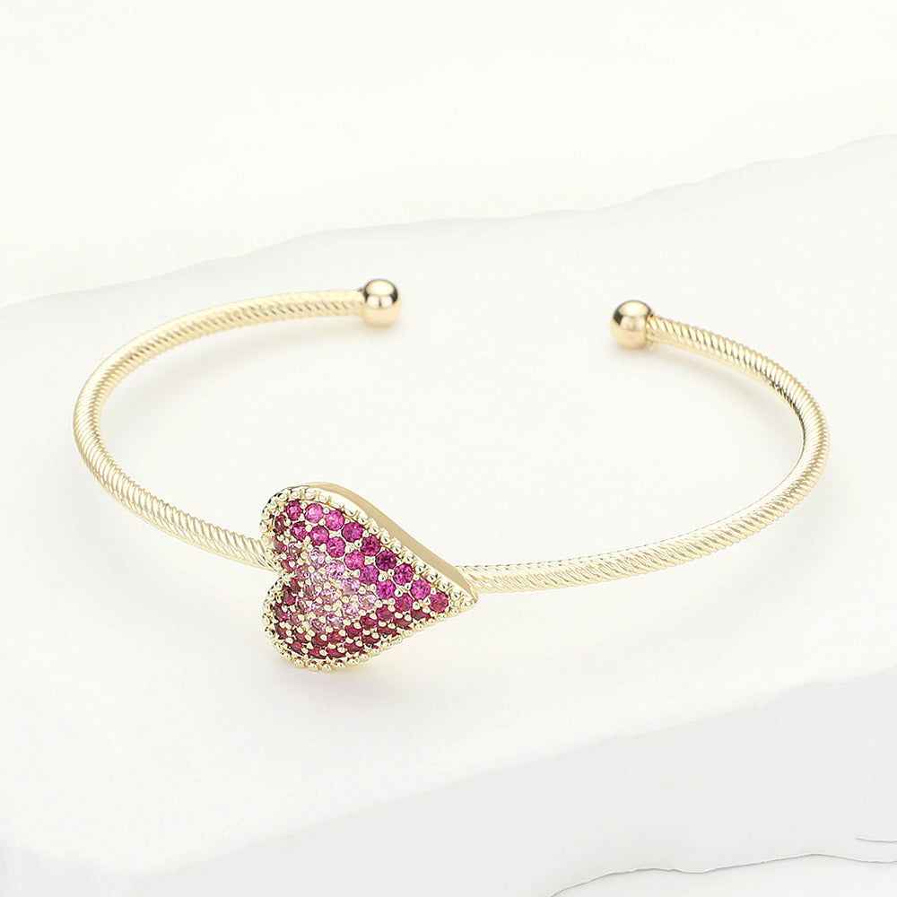 CZ Paved Heart Gold Pointed Cuff Bracelet
