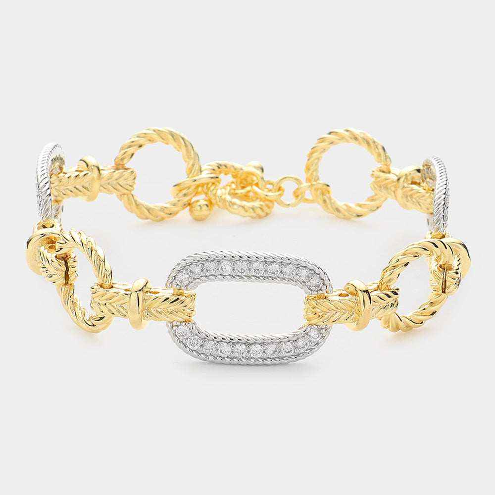 CZ Stone Oval Link Two Tone Toggle Bracelet- M H W ACCESSORIES
