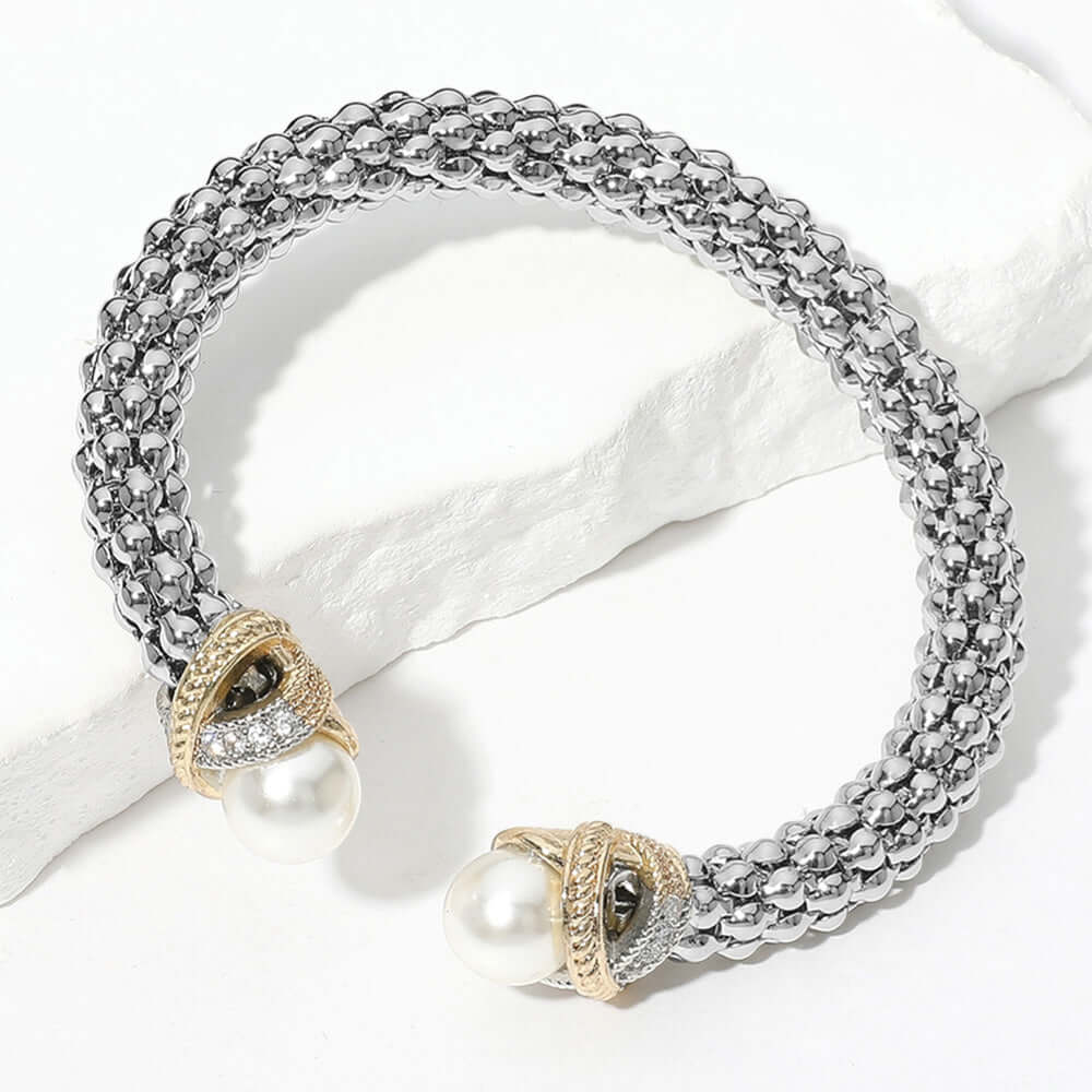 CZ Stone Paved Crisscross Bar Pearl Tip Bubble Cuff Bracelet - M H W ACCESSORIES LLC