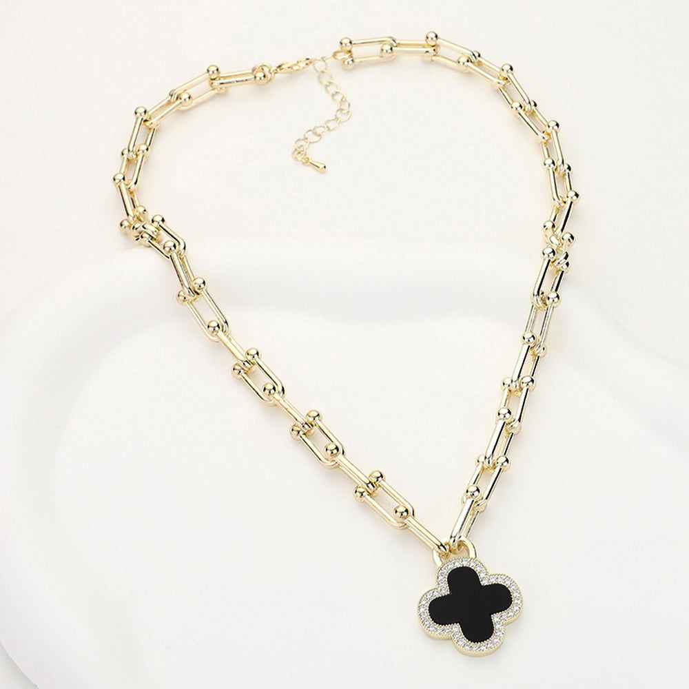 CZ Stone Paved Rim Black Quatrefoil Pendant Gold Dipped Hardware Chain Necklace