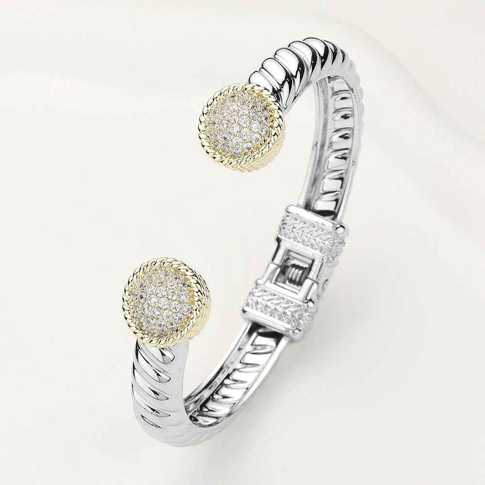 CZ Stone Paved Round Tip Hinged Two-Tone Cuff Bracelet