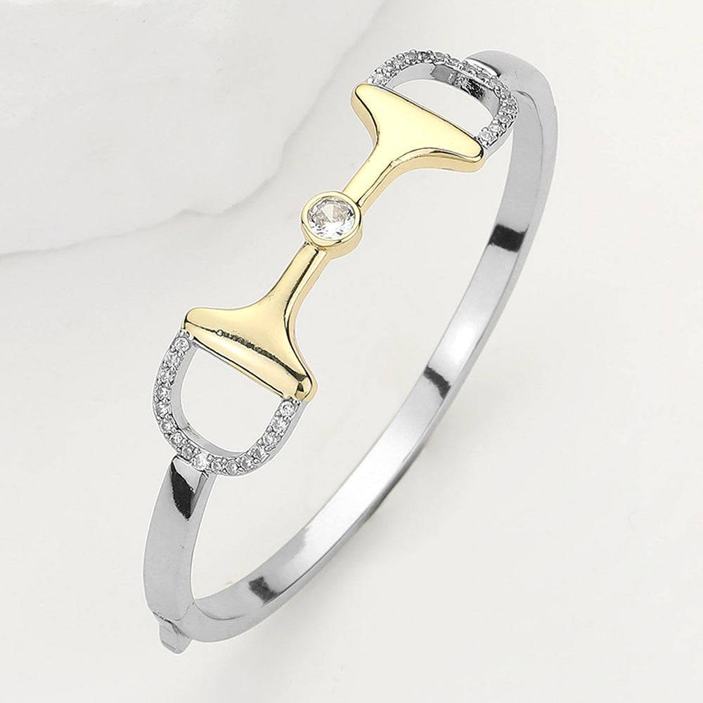 CZ Stone Paved Two Tone Belt Buckle Accented Hinged Bracelet - M H W ACCESSORIES LLC