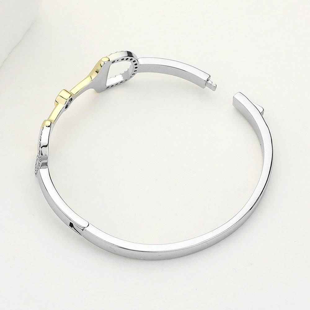 CZ Stone Paved Two Tone Belt Buckle Accented Hinged Bracelet