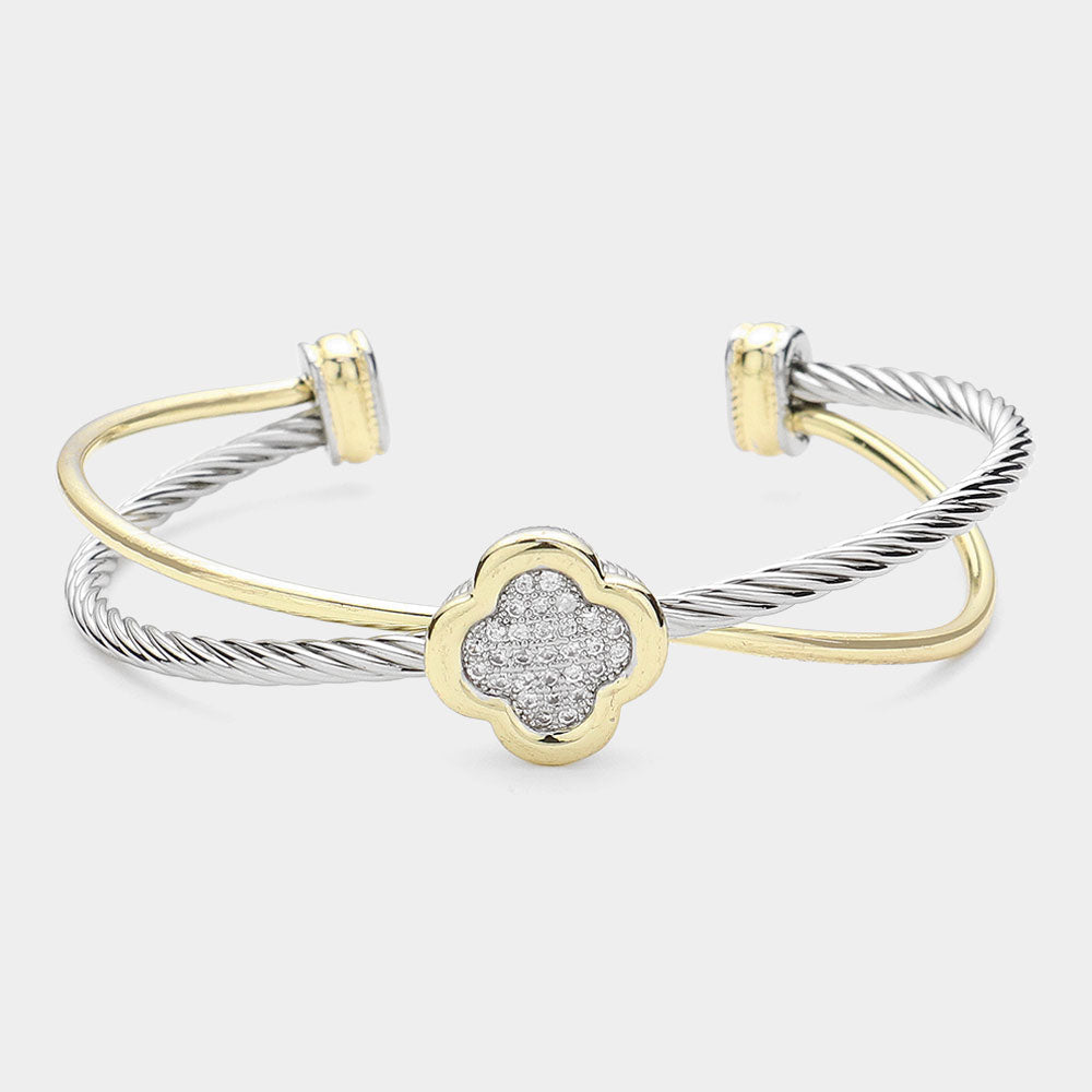 CZ Stone Quatrefoil Two Tone Split Cuff Bracelet - M H W ACCESSORIES LLC