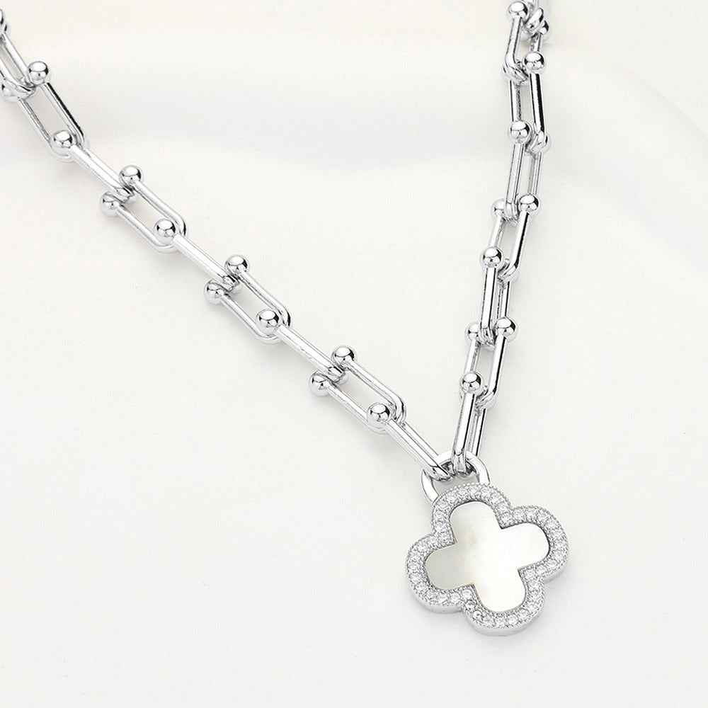 CZ Stone Silver Quatrefoil Pendant Dipped Hardware Chain Necklace