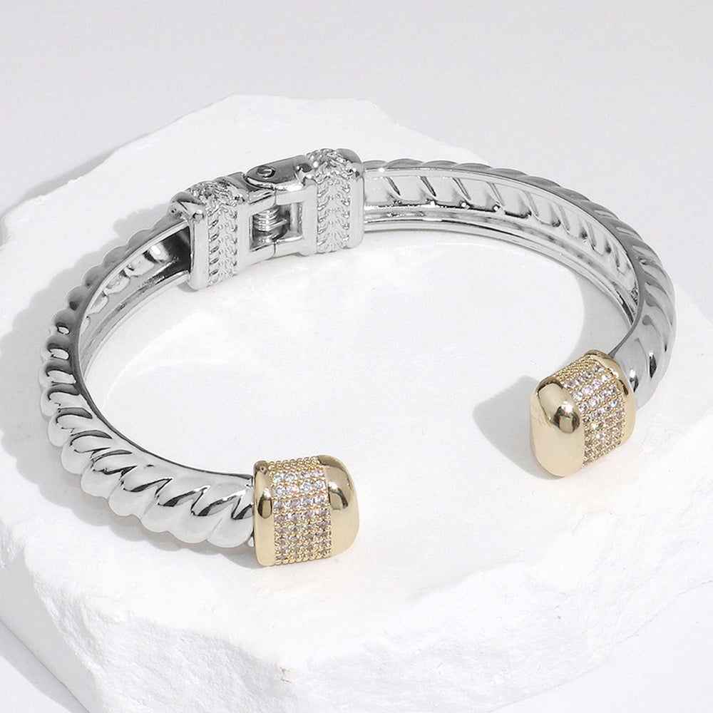 CZ Stone Two-Tone Paved Square Tip Hinged Cuff Bracelet