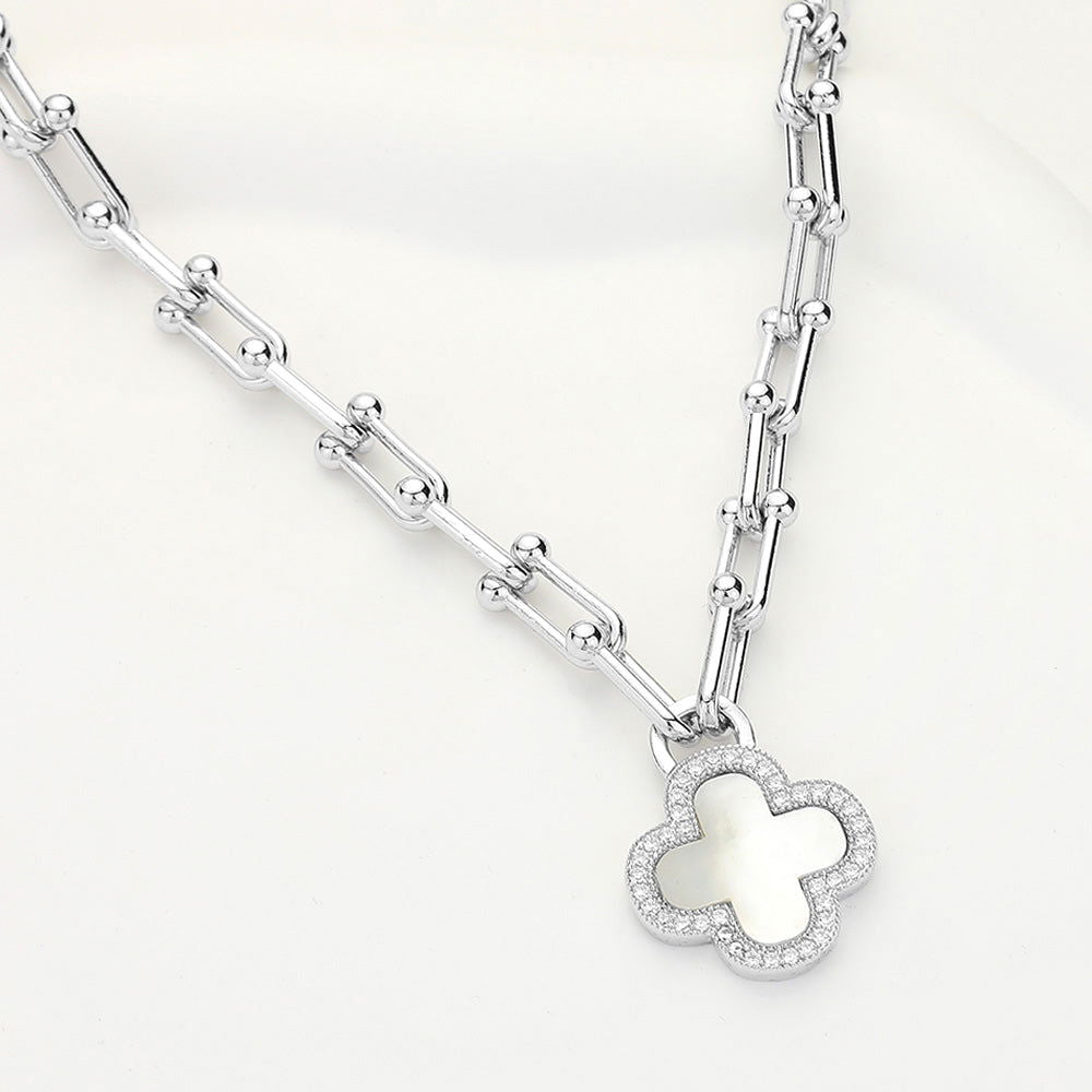 CZ Mother Of Pearl Silver Quatrefoil Pendant Hardware Chain Necklace - M H W ACCESSORIES LLC