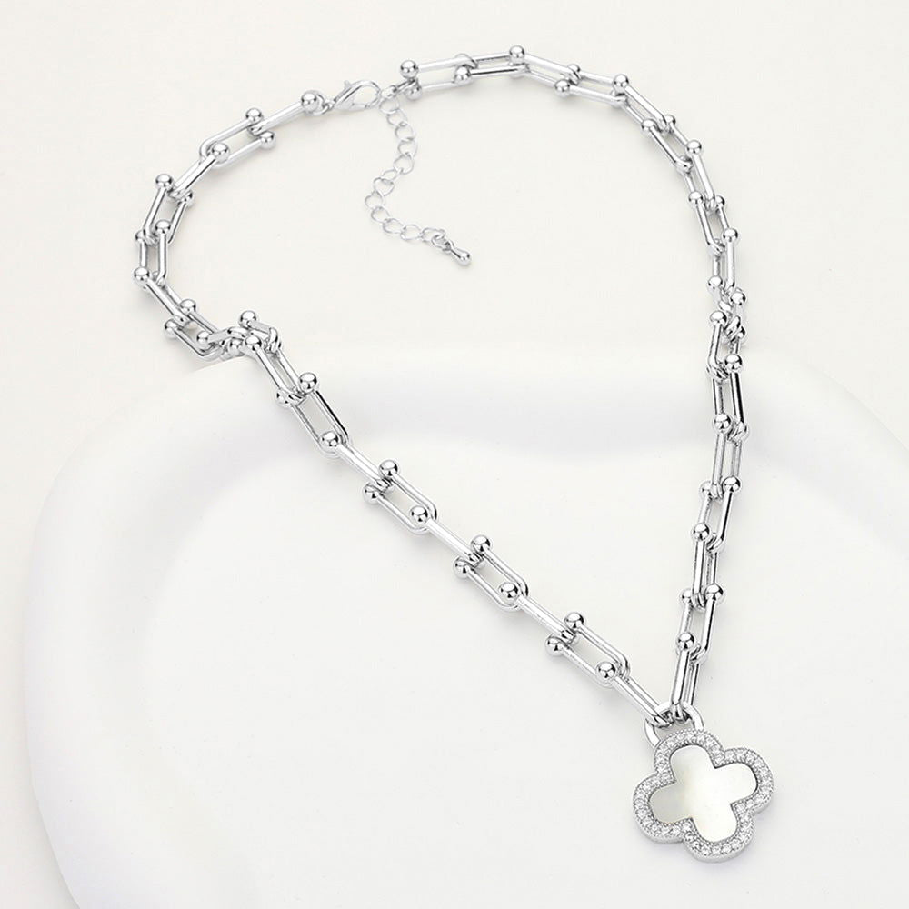 CZ Mother Of Pearl Silver Quatrefoil Pendant Hardware Chain Necklace - M H W ACCESSORIES LLC