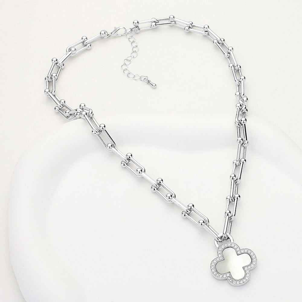 CZ Mother Of Pearl Silver Quatrefoil Pendant Hardware Chain Necklace