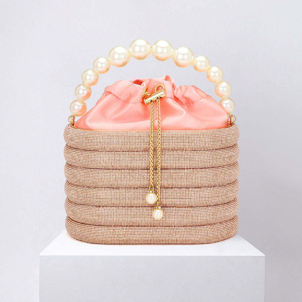 Champagne Bling Pearl Top Handle Drawstring Box Crossbody Bag - M H W ACCESSORIES LLC