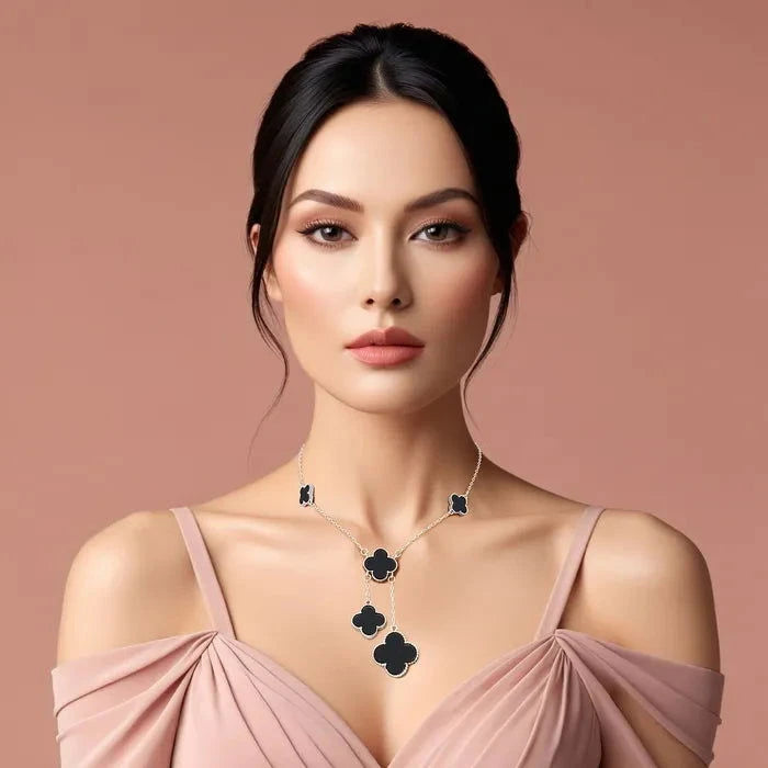 Charm Drop Black Quatrefoil Clover Silver Necklace - M H W ACCESSORIES LLC