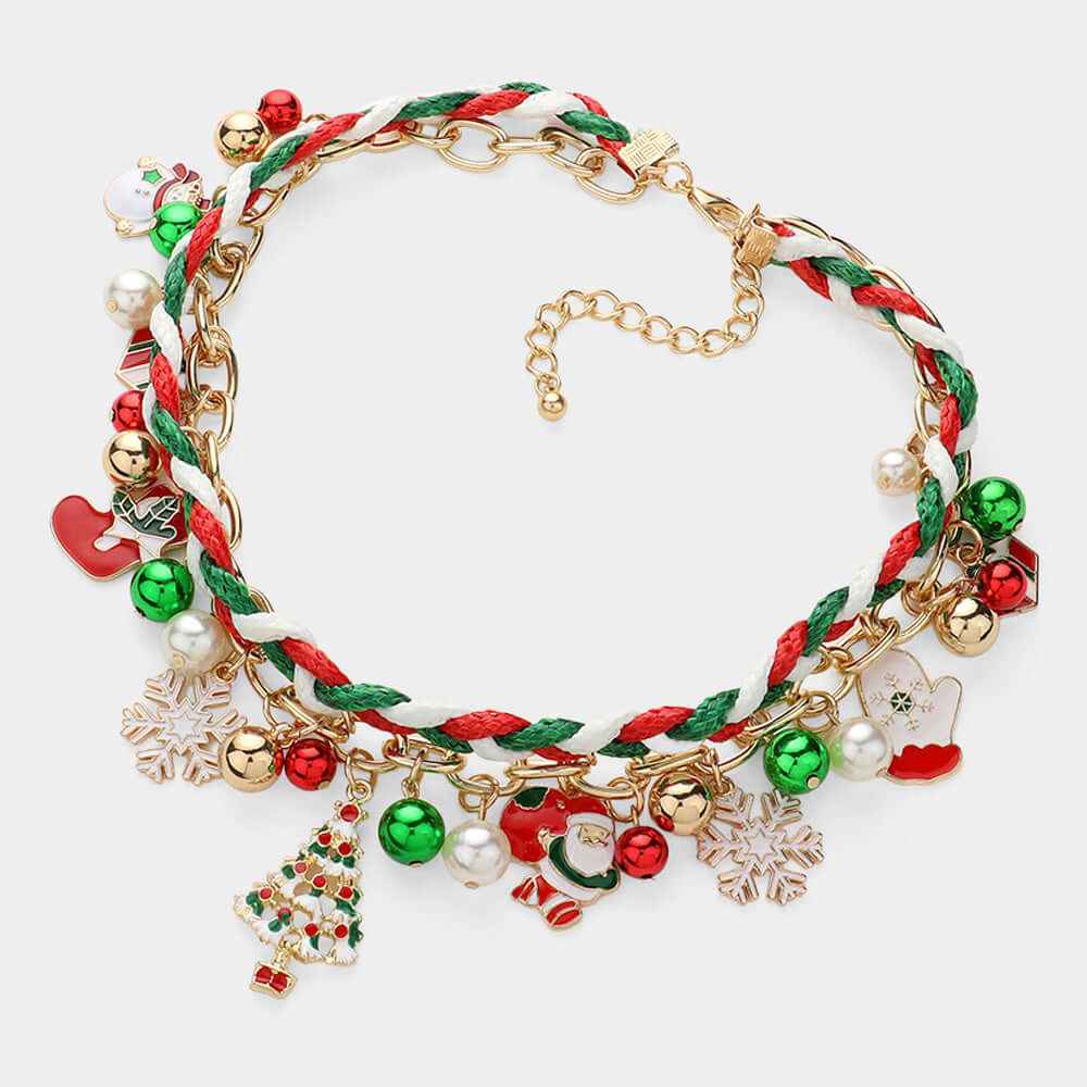 Christmas Charm Bell Embellished Chain Braided Layered Necklace