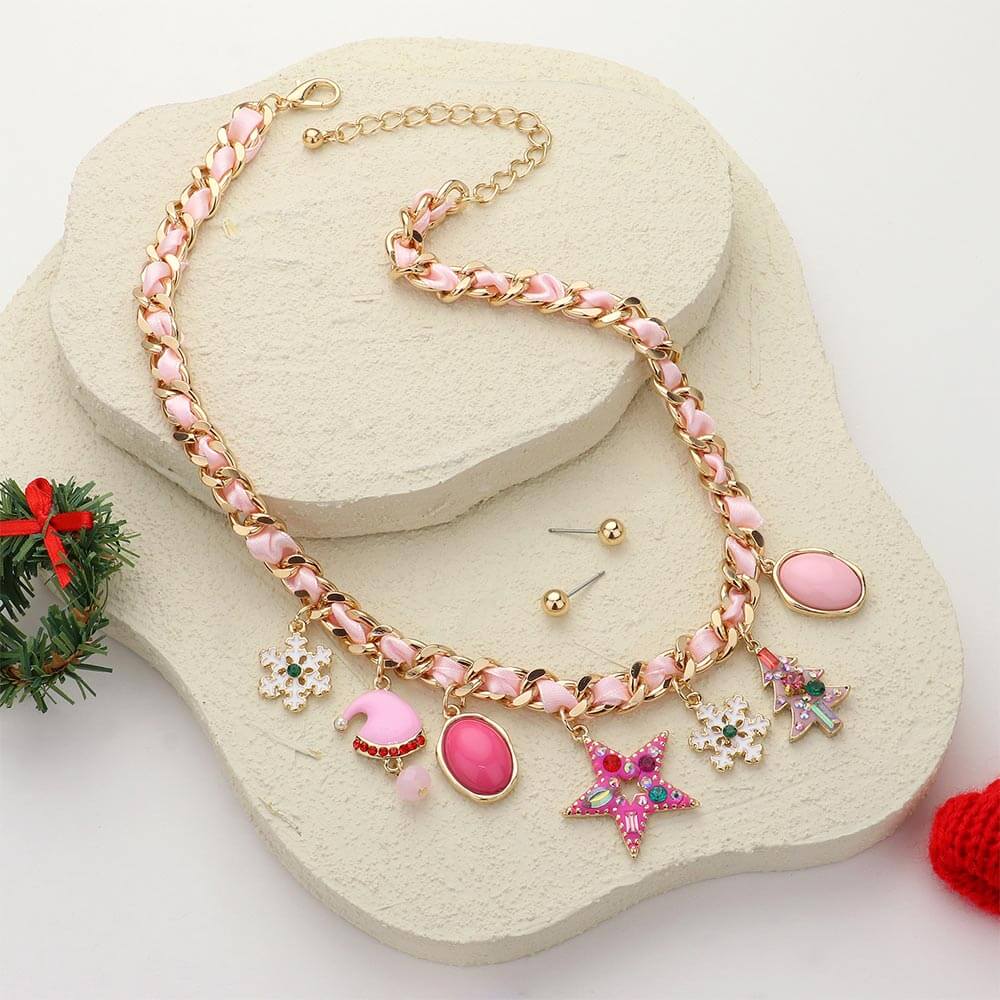 Christmas Pink Charm Station Ribbon Twisted Chain Necklace - M H W ACCESSORIES LLC