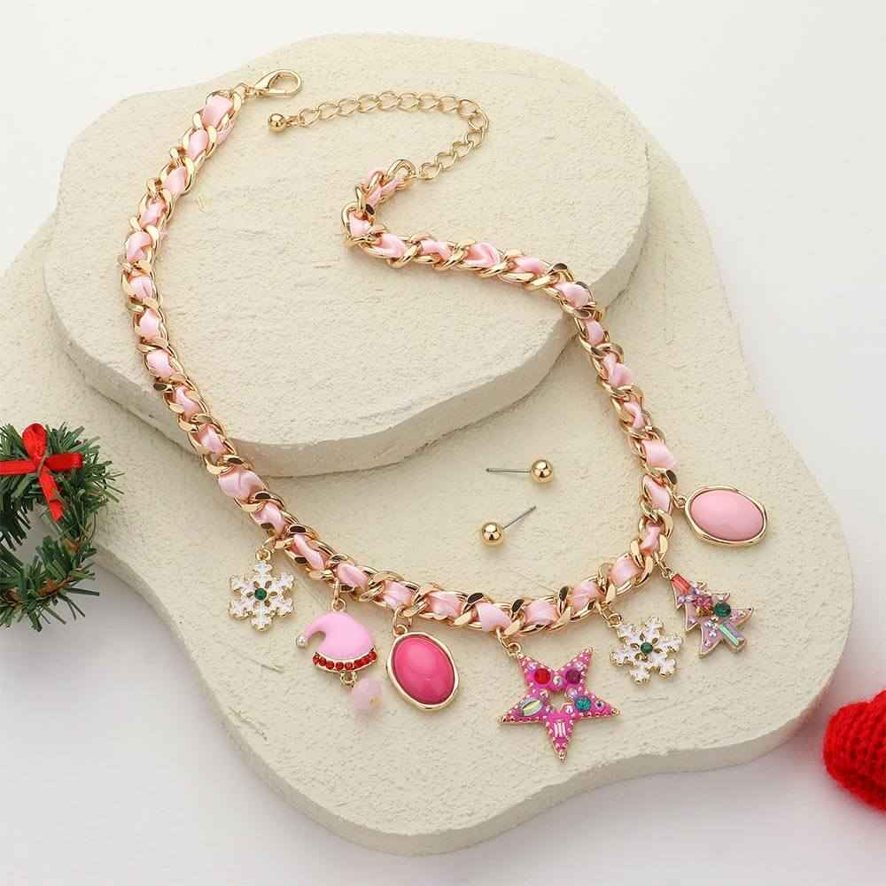 Christmas Pink Charm Station Ribbon Twisted Chain Necklace