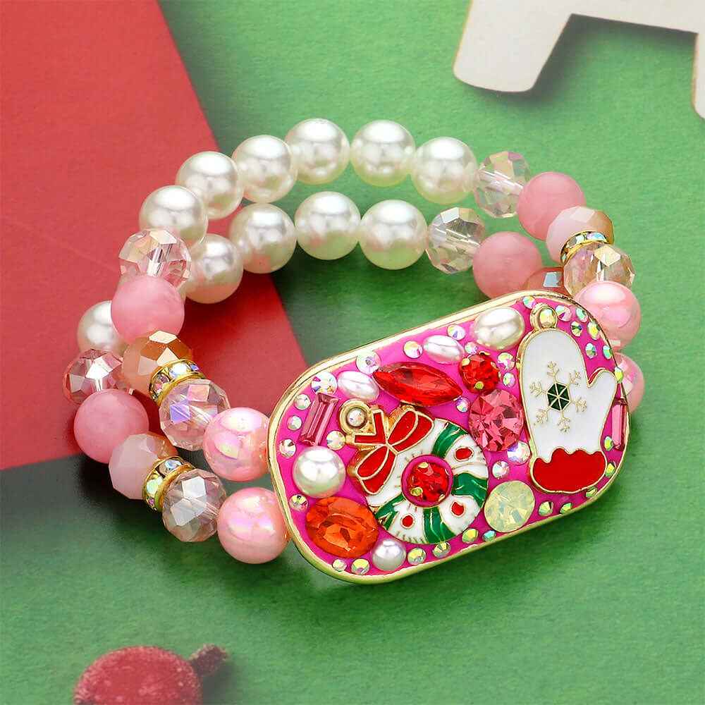 Christmas Plate Pointed Pearl Faceted Beaded Stretch Bracelet
