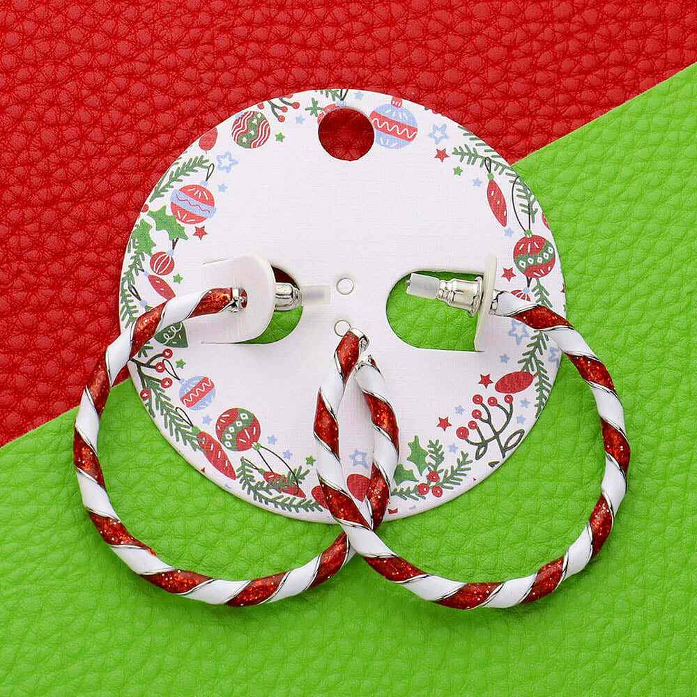 Christmas Red & White Enamel Candy Cane Hoop Earrings