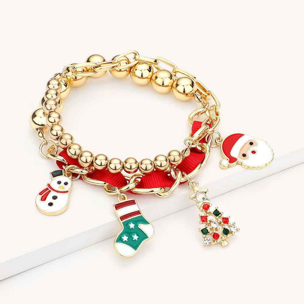 Christmas Theme Enamel Red Ribbon Charm Stretch Bracelets