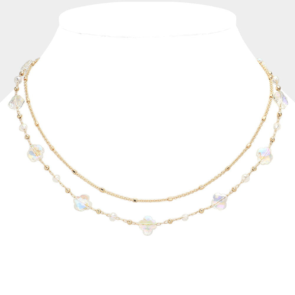 Clear Gold Faceted Quatrefoil Beaded Station Layered Chain Necklace - M H W ACCESSORIES LLC