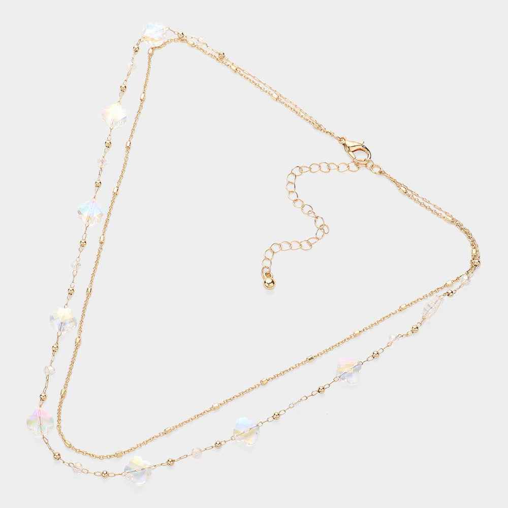 Clear Gold Faceted Quatrefoil Beaded Station Layered Chain Necklace