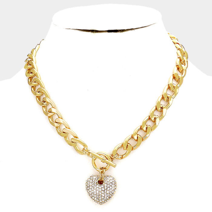 Clear Gold Rhinestone Pave Heart Pendant Toggle Necklace - M H W ACCESSORIES LLC