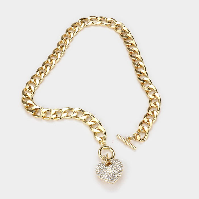 Clear Gold Rhinestone Pave Heart Pendant Toggle Necklace - M H W ACCESSORIES LLC