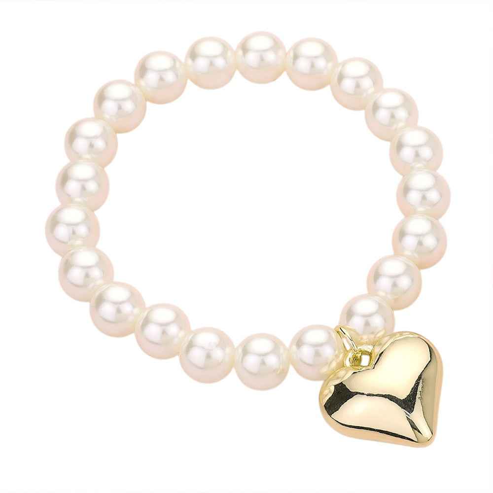 Cream Gold Metal Heart Charm Pearl Beaded Stretch Bracelet