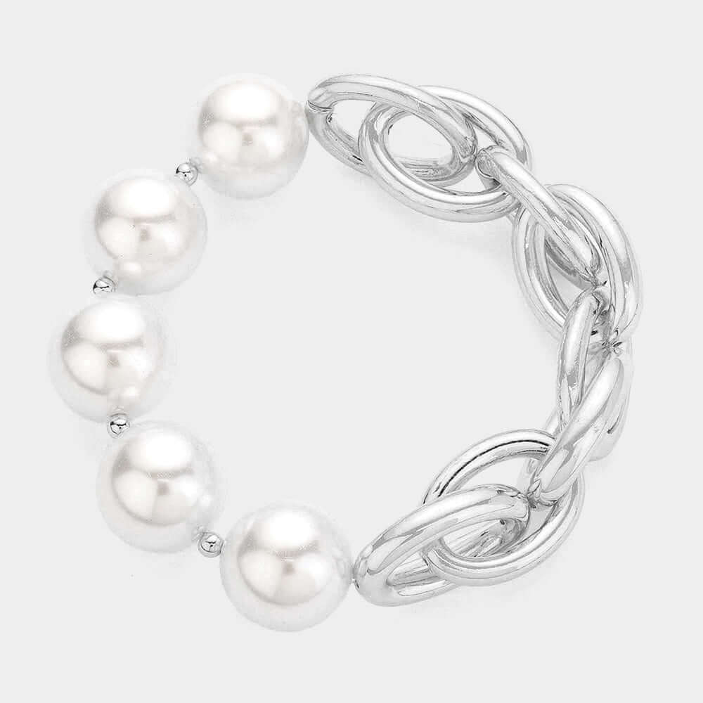 Cream Pearl Accented Silver Metal Chain Stretch Bracelet - M H W ACCESSORIES LLC