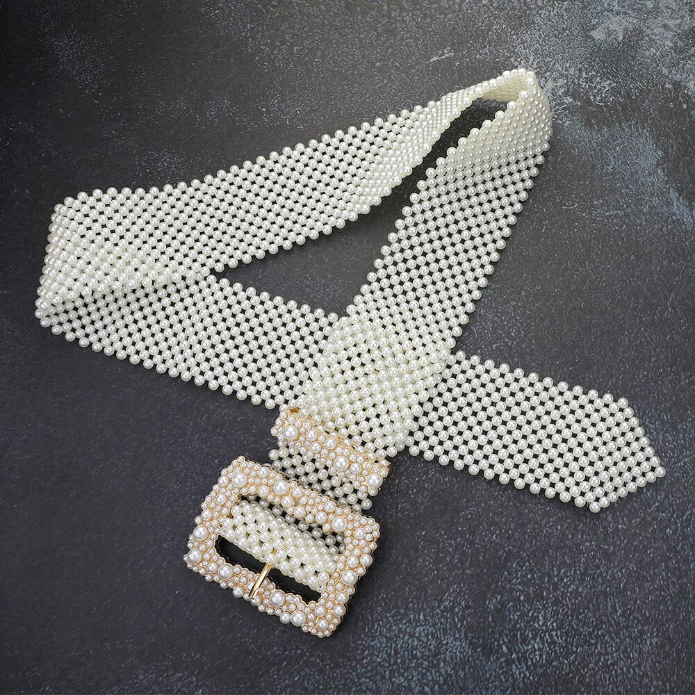 Cream Pearl Embellished Rectangle Buckle Accented Belt - M H W ACCESSORIES LLC